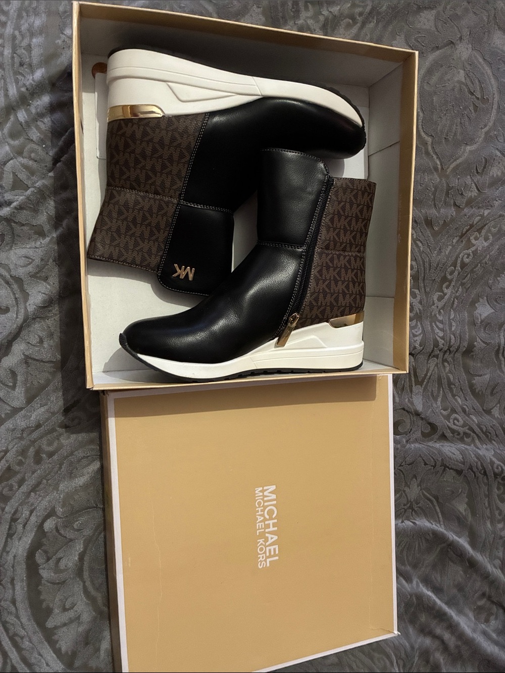 Michael Kors Black & Brown Logo Wedge Ankle Boots